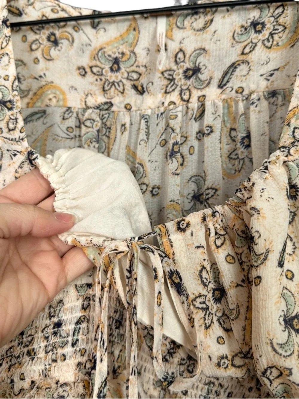 Free People Cream Sheer Paisley Boho Smocked Peasant Blouse